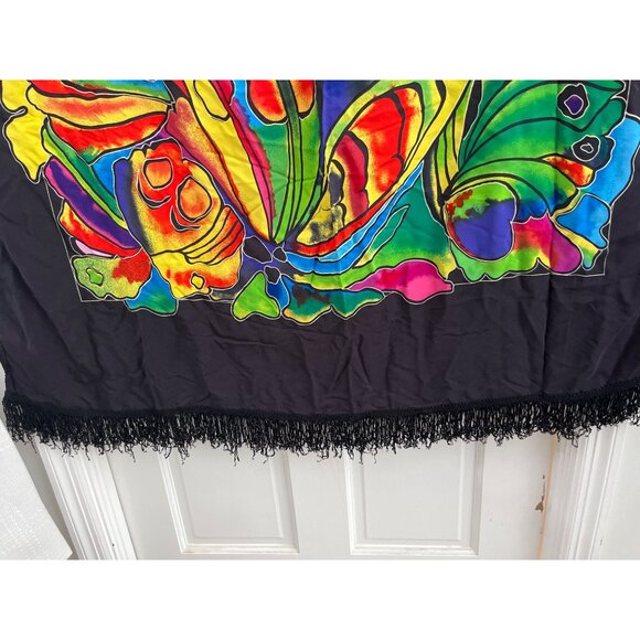 Cazimi Colorful Butterfly Print Sarong Wrap Beach Coverup Black Fringe Edges - Picture 3 of 7